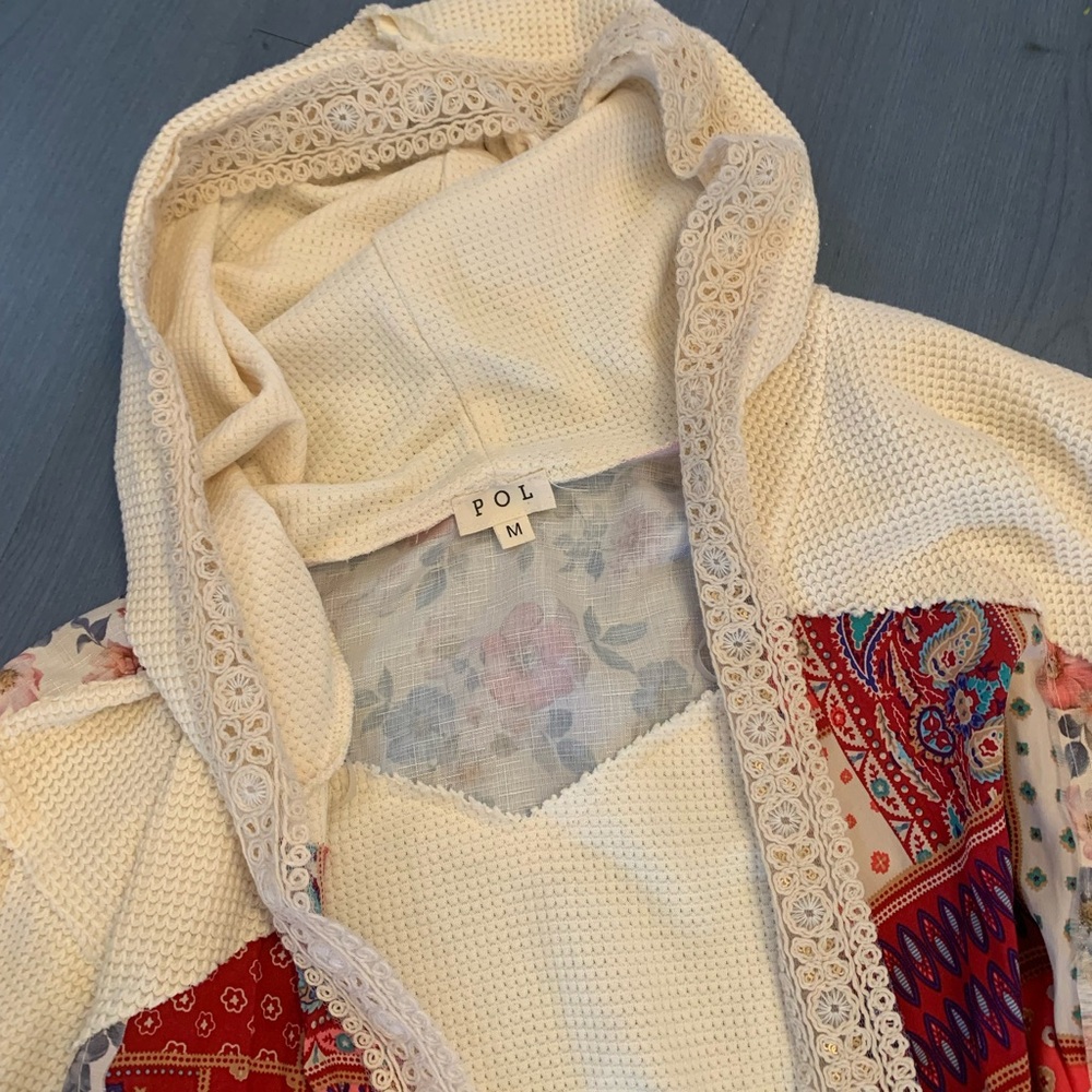 POL Cream Crochet Hooded Patchwork Cardigan
